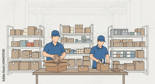 Warehouse workers packing boxes on shelves - logistics and shipping illustration with supply chain with e commerce