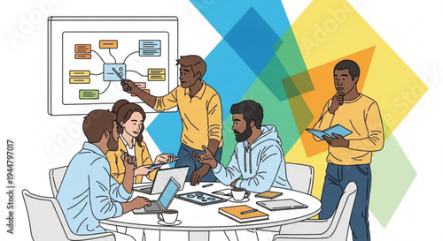 Diverse team brainstorming at table with mind map on whiteboard - business meeting illustration