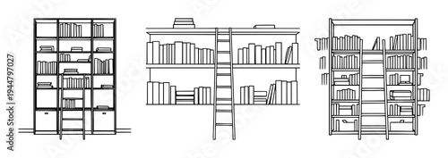 Bookshelf set with minimalist line art featuring modern shelving, ladder, interior library design with thin strokes and white background