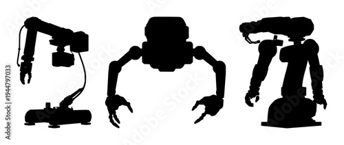 Industrial cobot set with solid black silhouette and clean edges featuring modern manufacturing, robotics, automation with technology and innovation