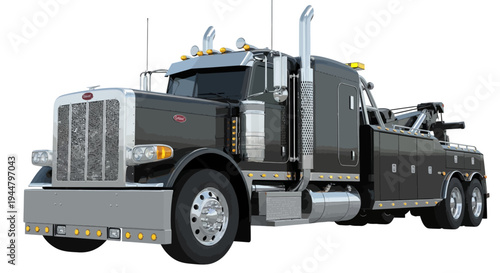 Black heavy-duty tow truck, also known as a wrecker, for professional vehicle recovery and emergency roadside assistance, isolated on white background