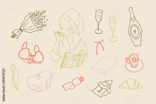 Whimsical line art clipart set. Fun girly illustrations. Hand drawn spring sticker elements. Soft girl aesthetic doodle sketch collection. Vector feminine little treats graphic