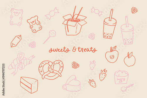 Whimsical line art clipart set. Fun girly illustrations. Hand drawn spring sticker elements. Soft girl aesthetic doodle sketch collection. Vector feminine little treats graphic