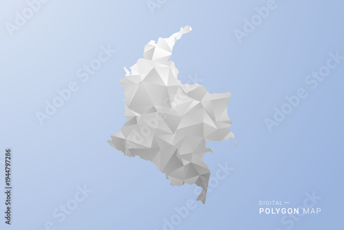 Colombia Map - polygon style vector illustration in gray, white and blue tone, low-poly geometric design, minimal silhouette, suitable for infographic and modern design.