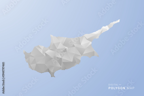 Cyprus Map - polygon style vector illustration in gray, white and blue tone, low-poly geometric design, minimal silhouette, suitable for infographic and modern design.
