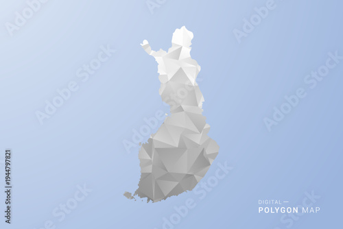 Finland Map - polygon style vector illustration in gray, white and blue tone, low-poly geometric design, minimal silhouette, suitable for infographic and modern design.