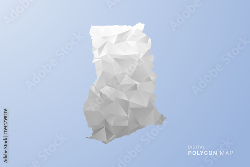 Ghana Map - polygon style vector illustration in gray, white and blue tone, low-poly geometric design, minimal silhouette, suitable for infographic and modern design.