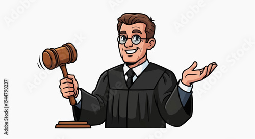 A smiling judge in a black robe holding a gavel and gesturing with his hand