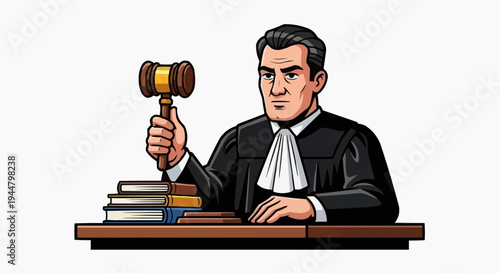 Illustration of a judge holding a gavel at a table with books, with a serious expression