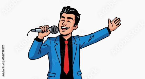 A man singing into a microphone with a joyful expression