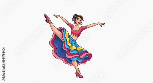 A colorful illustration of a dancing woman in a vibrant skirt and pink shoes