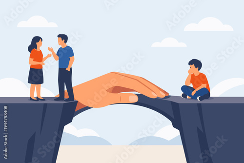 Vector Illustration of a Giant Hand Bridging the Gap Between Parents and a Lonely Child, Symbolizing Family Communication, Reconciliation, Support, Counseling, and Emotional Connection.