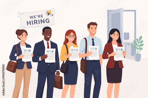 Diverse group of job seekers standing in line holding CV resumes for an interview under a we're hiring sign, professional candidates applying for employment, flat vector office illustration.