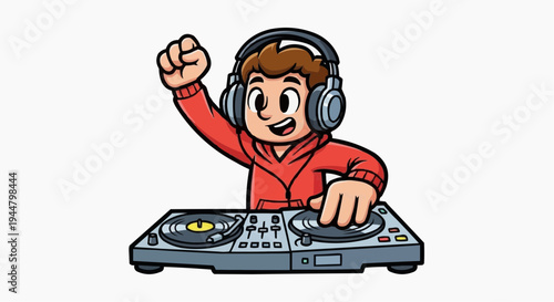 A illustration of a happy DJ wearing headphones and operating a turntable