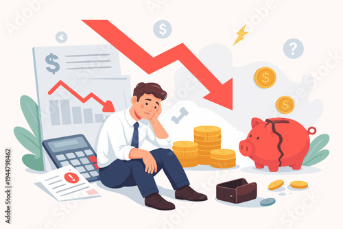 Sad businessman sitting on floor feeling stressed about financial problems, bankruptcy, and debt. Illustration of man with broken piggy bank, empty wallet, falling market arrow, and loss.