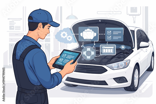 Vector illustration of a professional auto mechanic in blue overalls using a tablet for digital car diagnostics with a virtual user interface showing engine and battery status in a smart garage.