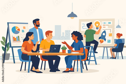Creative team of diverse professionals collaborating on a startup project in a modern open-space office, featuring brainstorming sessions, data analysis on whiteboards, and teamwork at a table.