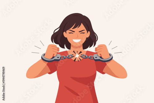 Empowered Woman Breaking Handcuffs and Chains, Symbolizing Freedom, Liberation, and Strength. Flat Vector Illustration of a Determined Female Escaping Restraint and Overcoming Obstacles.