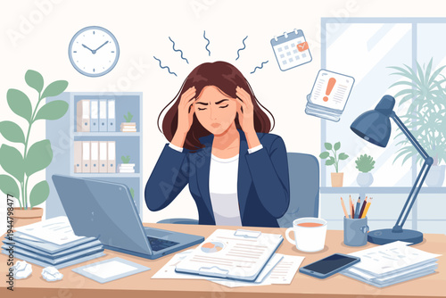 Overwhelmed businesswoman suffering from headache and stress at her office desk. Flat vector illustration of professional burnout, heavy workload, and deadline pressure in a modern workspace.