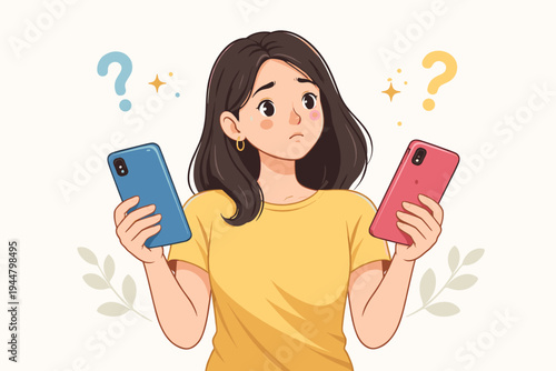 Vector illustration of a confused young woman holding two different smartphones, trying to choose between a blue and a red mobile phone, concept of consumer choice and technology comparison.