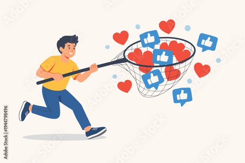 Young man running and catching social media likes and heart icons with a butterfly net, concept of seeking online validation, popularity, and digital engagement, flat vector style illustration.