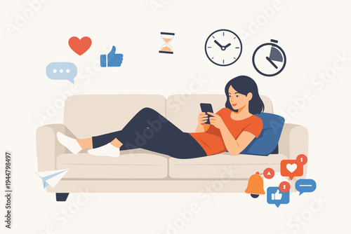 Woman Lying on Sofa Wasting Time on Social Media Smartphone Apps, Procrastination and Digital Addiction Concept with Like Heart and Clock Icons, Flat Vector Illustration of Leisure Activity