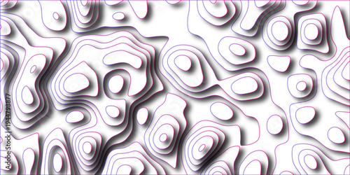 Stylized topographic contour lines with vibrant purple and blue gradient, creating a layered abstract background with shadow effects on white