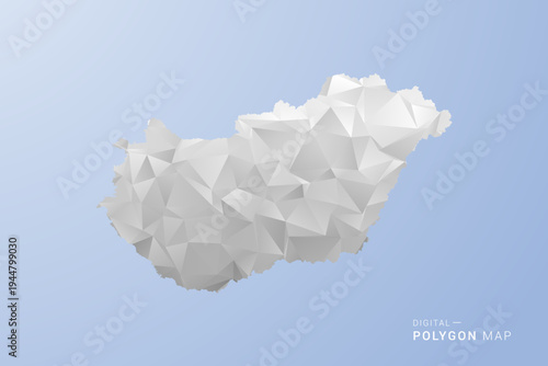 Hungary Map - polygon style vector illustration in gray, white and blue tone, low-poly geometric design, minimal silhouette, suitable for infographic and modern design.