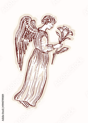 Hand drawn annunciation bible story scene illustration. Black and white pretty vector sticker motif virgin mary, archangel gabriel. Lily flower . Religious christian blessings card