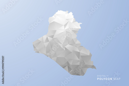 Iraq Map - polygon style vector illustration in gray, white and blue tone, low-poly geometric design, minimal silhouette, suitable for infographic and modern design.