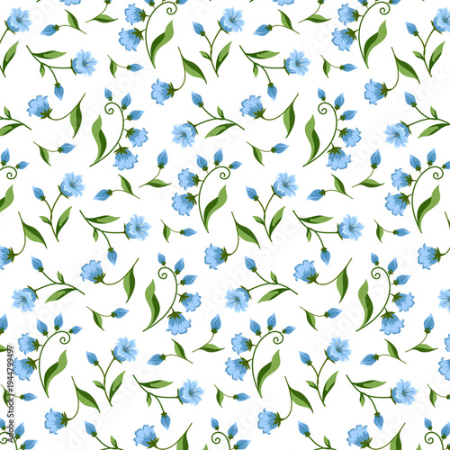 Blue bell flowers with green leaves on a white background.Vector seamless pattern with blue bell flowers on a white background.