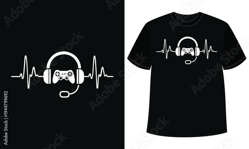 Gamer Heartbeat Headset Graphic T-Shirt Design For Gamers