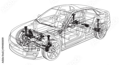 Transparent Car Wireframe Showing Exposed Suspension and Chassis Components, Automotive Engineering Diagram