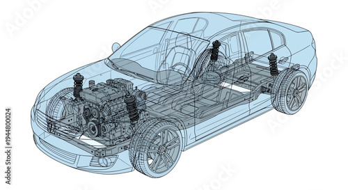 Transparent Car X-Ray Illustration Showing Engine, Chassis, Suspension and Interior Automotive Components