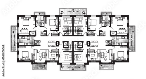 Architectural Multi-Unit Apartment Floor Plan Blueprint Showing Layout of Building Units and Common Areas