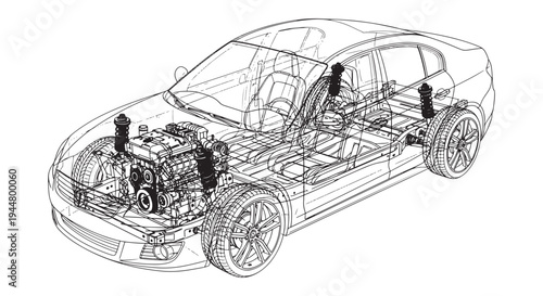 Transparent Car Wireframe Showing Exposed Suspension and Chassis Components, Automotive Engineering Diagram