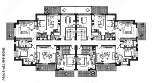 Architectural Multi-Unit Apartment Floor Plan Blueprint Showing Layout of Building Units and Common Areas