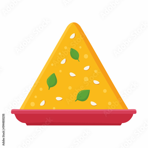 Triangular slice of savory food with basil leaves on a red plate