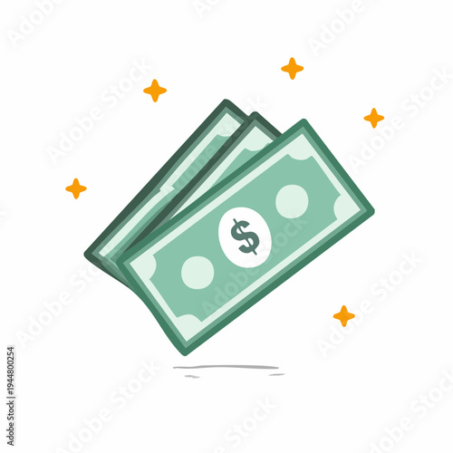 Cartoon illustration of stacked dollar bills with sparkle icons.