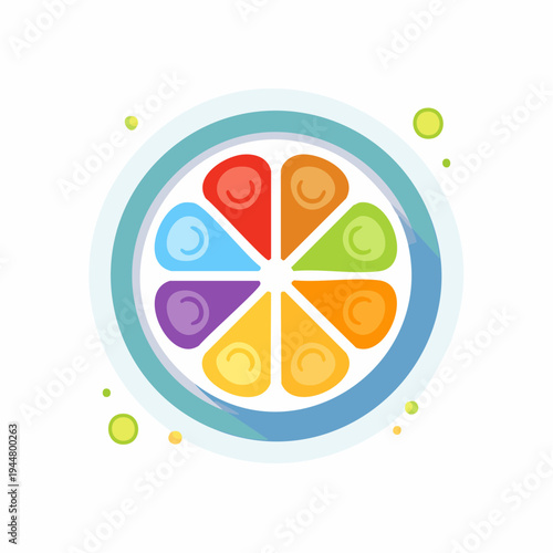 Colorful segmented citrus fruit with rainbow colored wedges inside a blue circle.