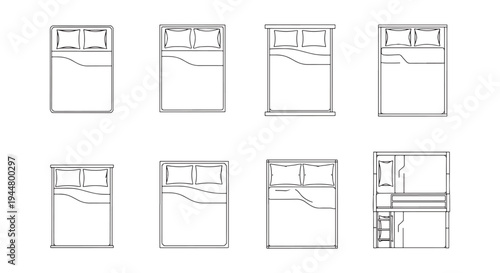 Set of Minimal Bed Top-View Icons and Bedroom Floorplan Symbols for Architecture and Design
