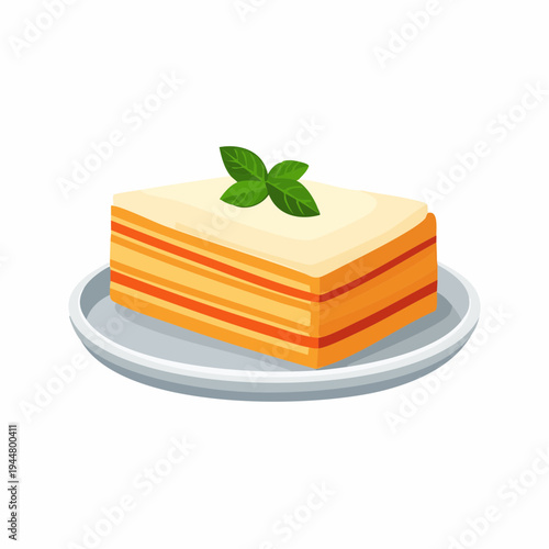 Delicious piece of layered lasagna served on a plate with basil garnish
