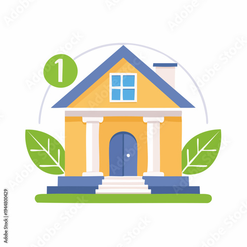 Illustration of house with blue roof and door with number one concept