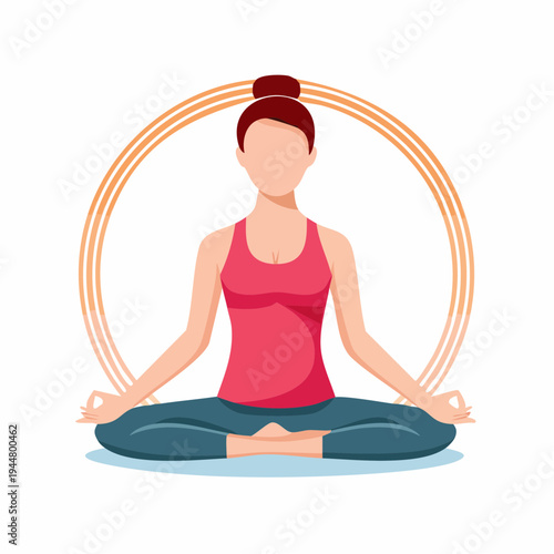 Woman meditating in lotus position, surrounded by golden circle, zen illustration.
