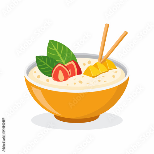 Healthy oatmeal bowl with fruit, chopsticks and fresh mint