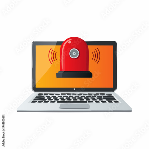 Red siren alert graphic on a laptop screen, security alarm concept