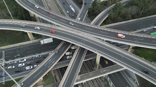 Cinematic Aerial Drone Shot of Highway Interchange with Traffic Flow