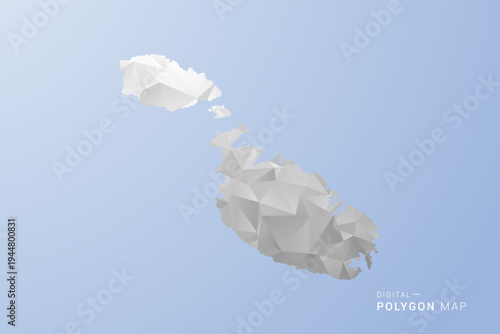 Malta Map - polygon style vector illustration in gray, white and blue tone, low-poly geometric design, minimal silhouette, suitable for infographic and modern design.