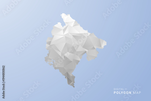 Montenegro Map - polygon style vector illustration in gray, white and blue tone, low-poly geometric design, minimal silhouette, suitable for infographic and modern design.