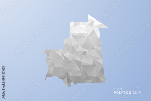Mauritania Map - polygon style vector illustration in gray, white and blue tone, low-poly geometric design, minimal silhouette, suitable for infographic and modern design.